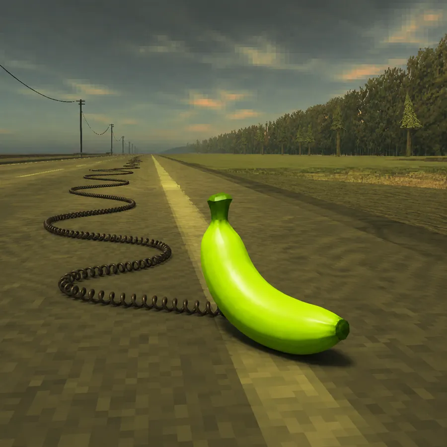 The green banana in the street with a telephone cable