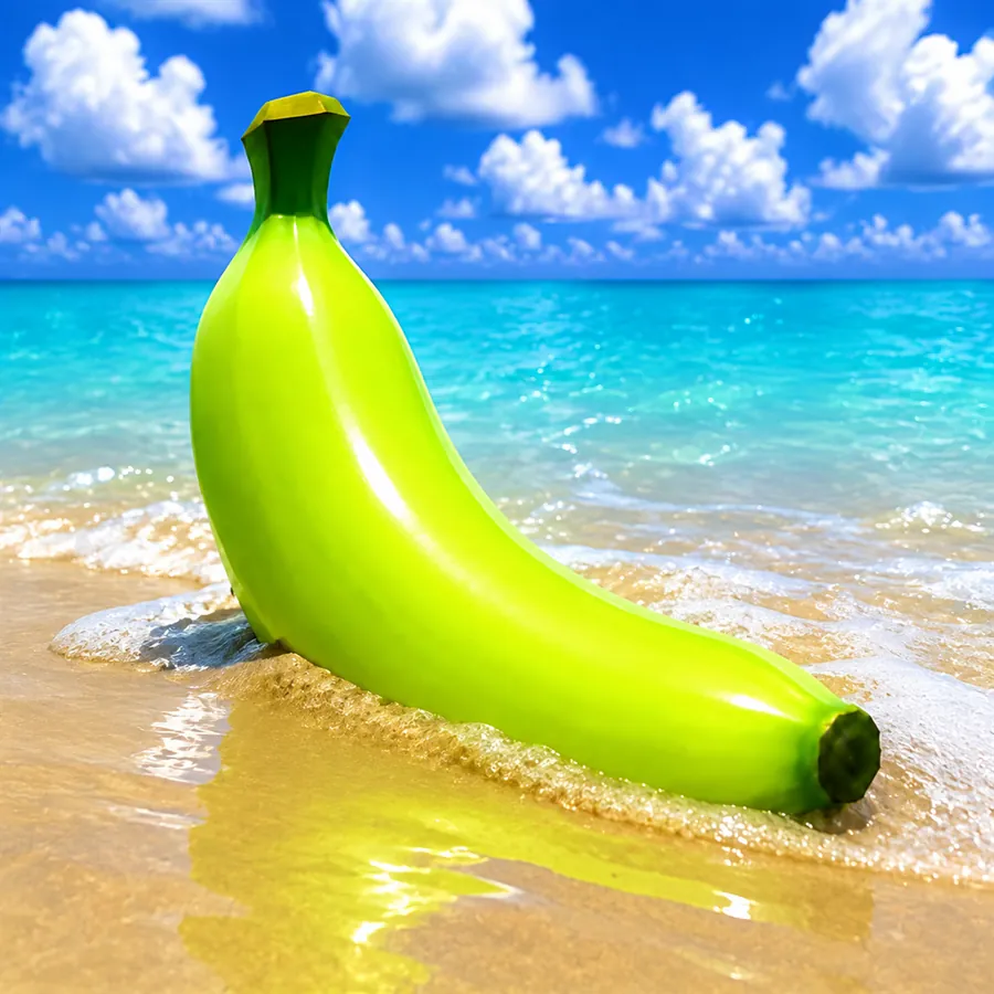 The green banana half buried in wet sand