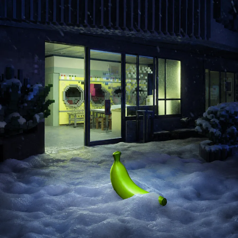 The green banana sunk in deep snow at night