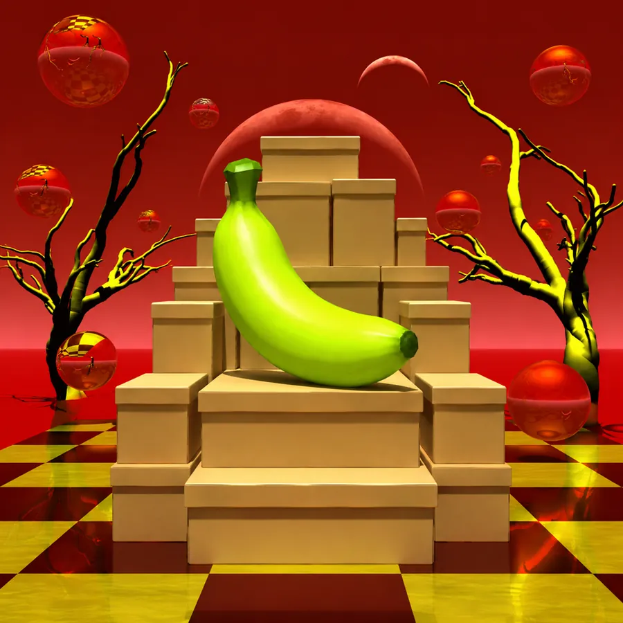 The green banana on a throne of shoe boxes